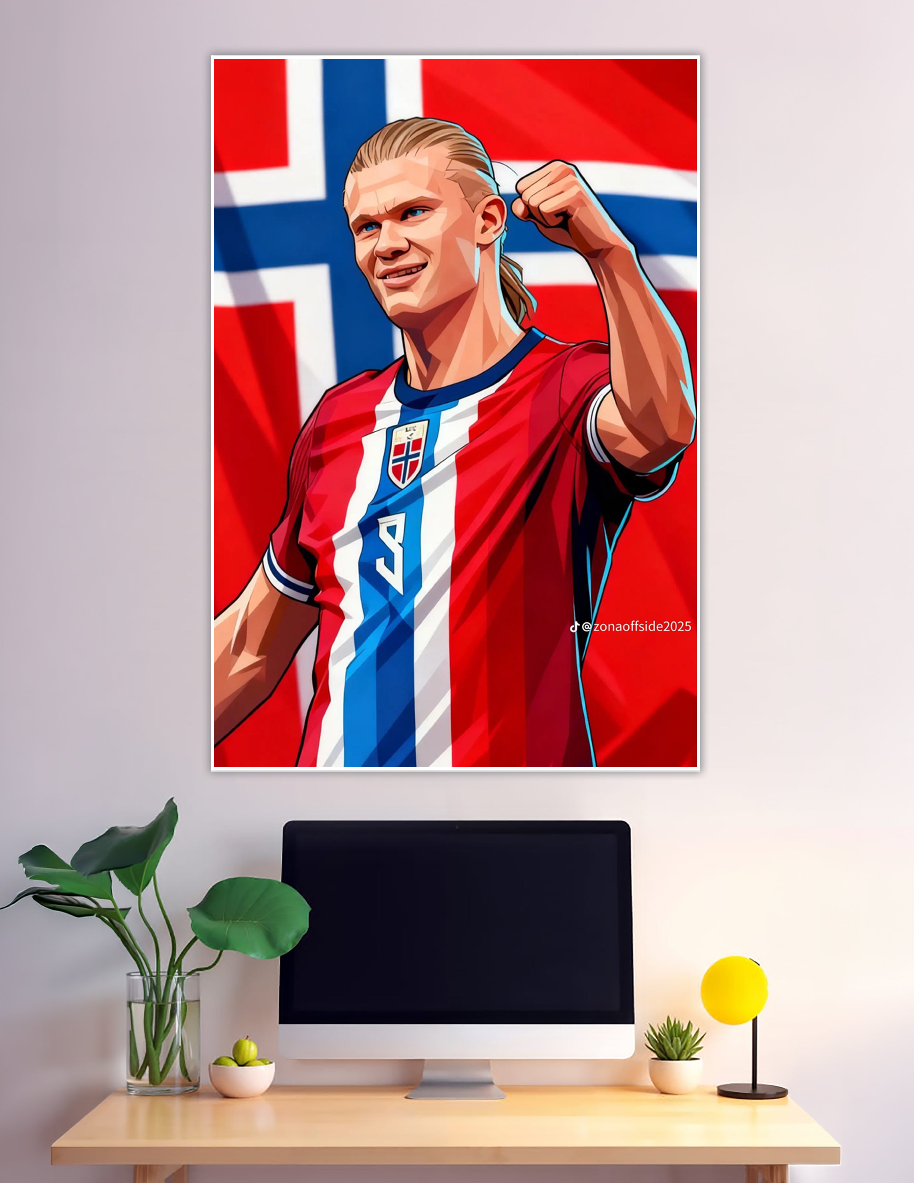 Illustrated Norwegian football player celebrating with raised fist