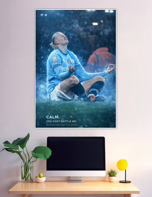 Football player meditating on pitch in sky blue kit