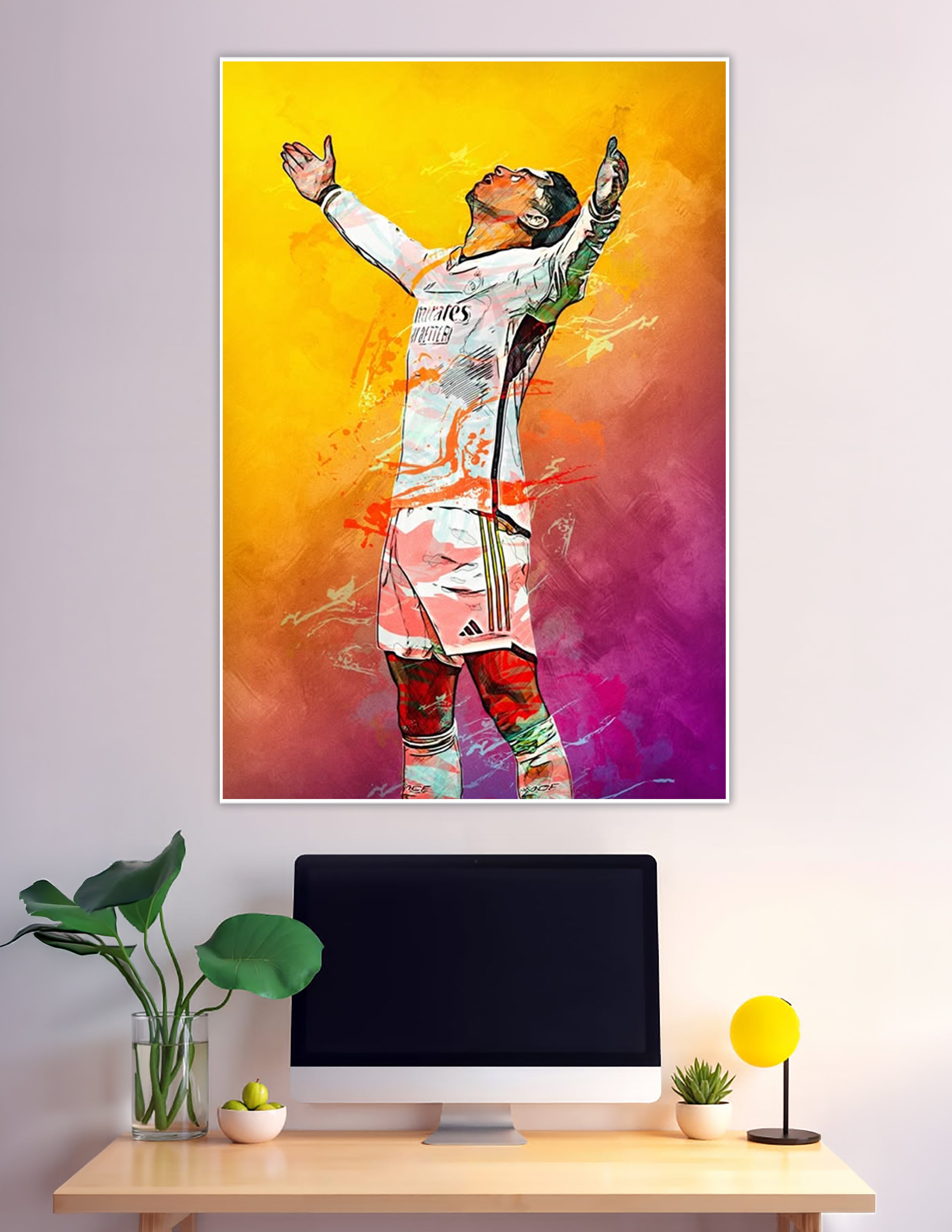 Colorful pop art Real Madrid footballer arms raised celebration
