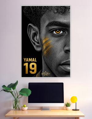 Lamine Yamal number 19 gold engraving portrait poster