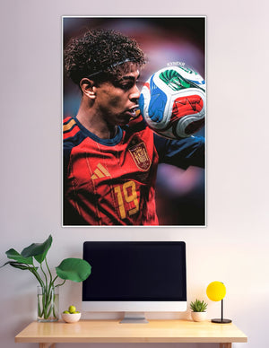 Spain number 19 footballer holding colorful soccer ball