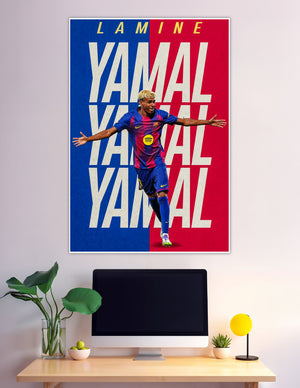 Lamine Yamal celebrating in FC Barcelona blue red kit