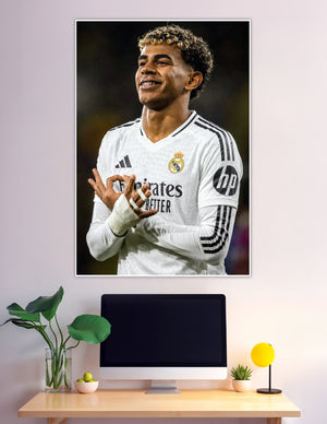 Real Madrid player smiling celebrating in white Adidas jersey
