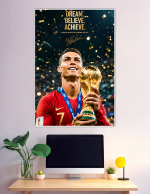 Football legend holding FIFA World Cup trophy motivational poster