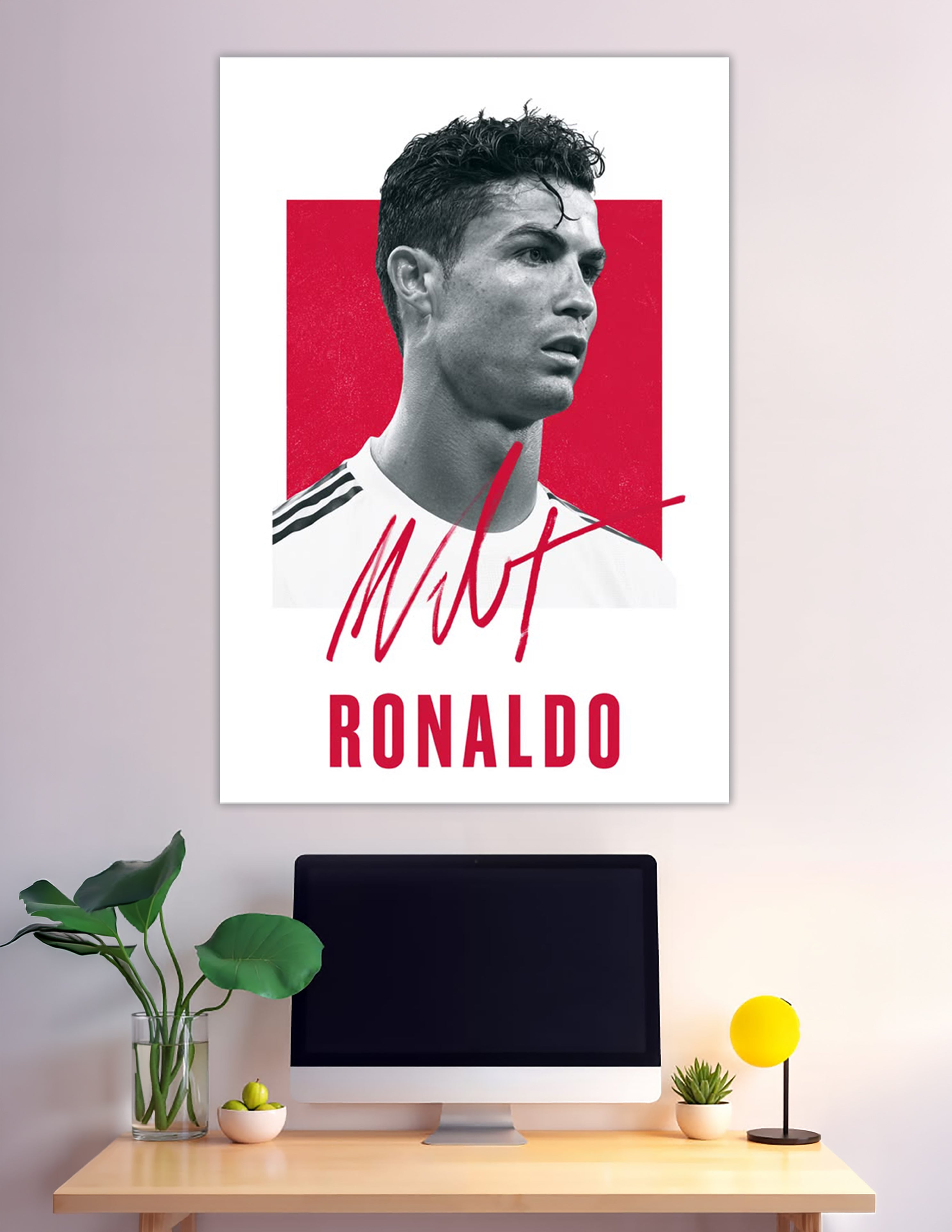Cristiano Ronaldo black and white portrait poster with red signature