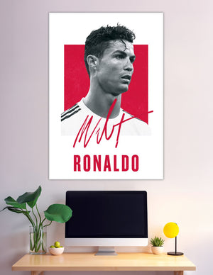 Cristiano Ronaldo black and white portrait poster with red signature