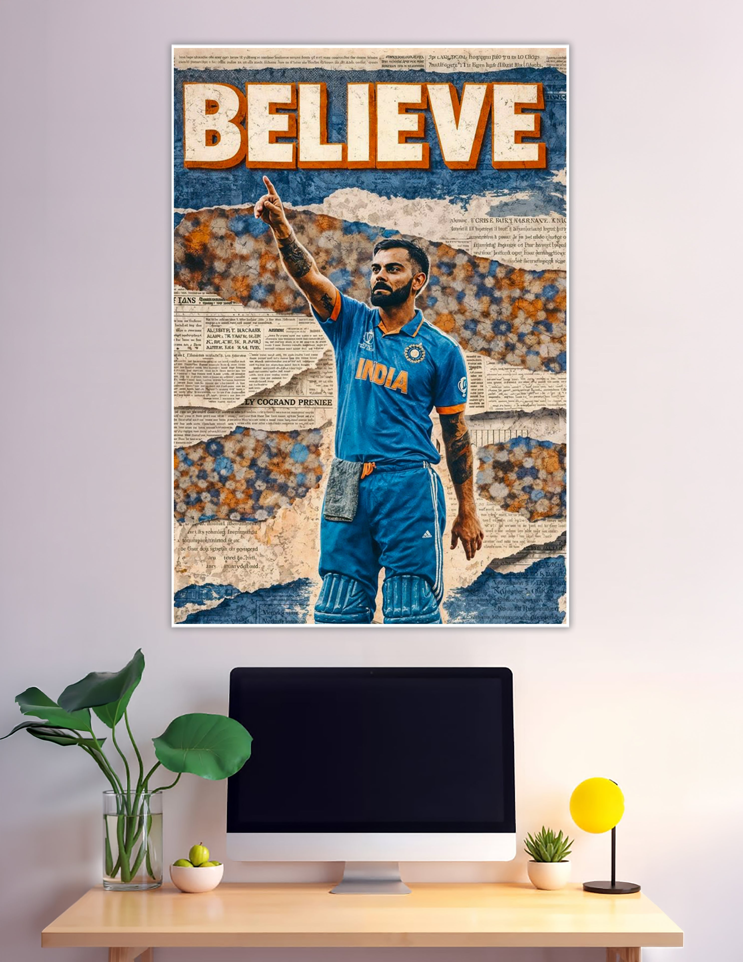 India cricket player pointing up with BELIEVE text poster