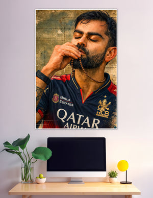 RCB cricket player praying with beads vintage poster