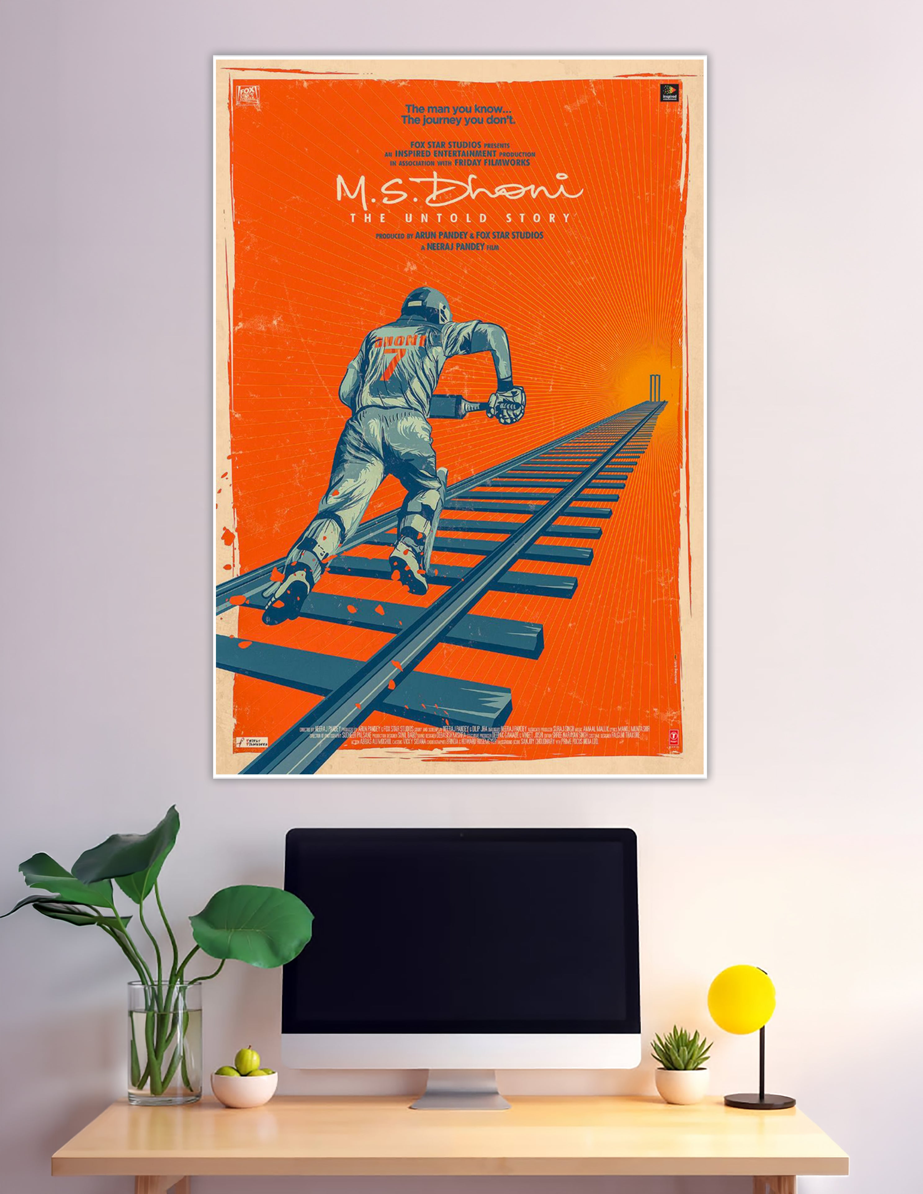 MS Dhoni cricket biopic movie poster retro orange illustration