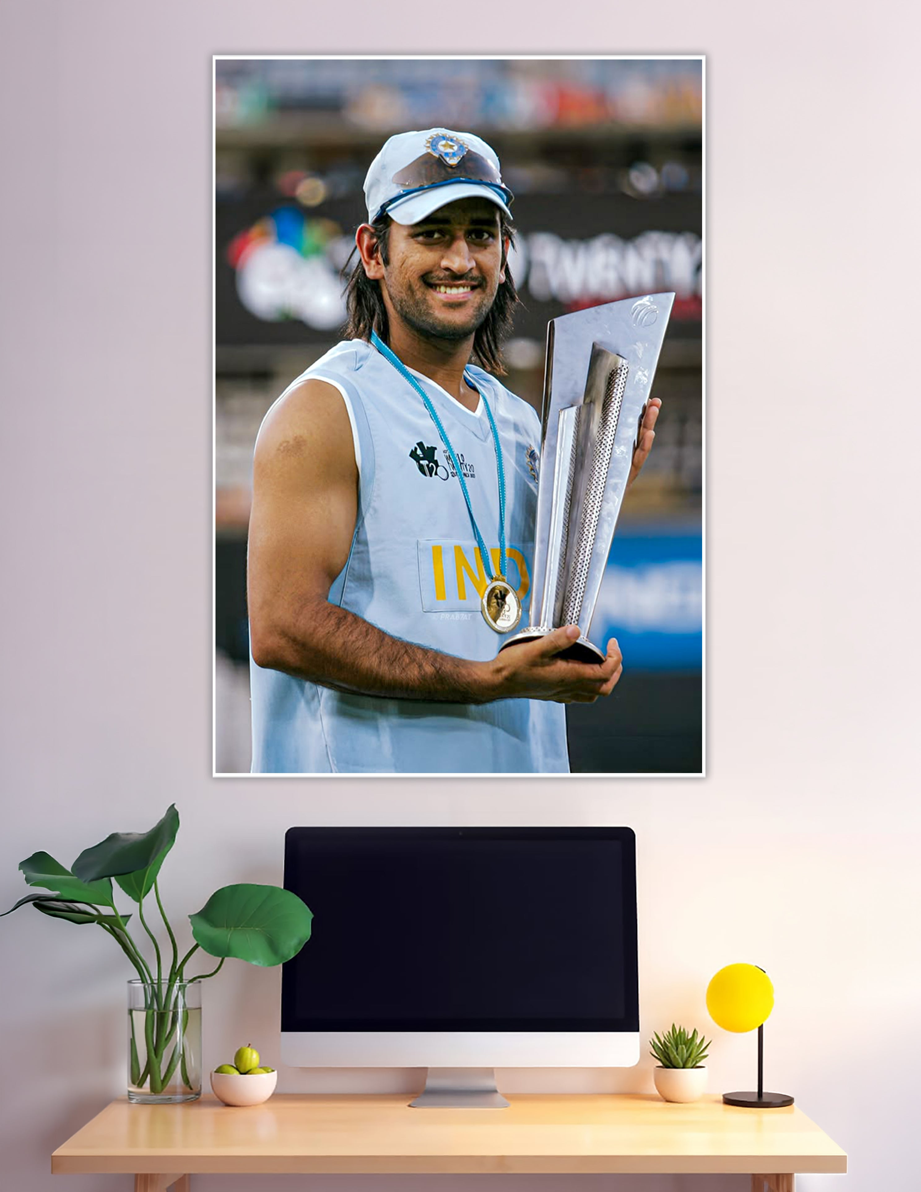 Indian cricket player holding T20 World Cup trophy smiling