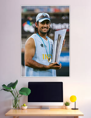 Indian cricket player holding T20 World Cup trophy smiling