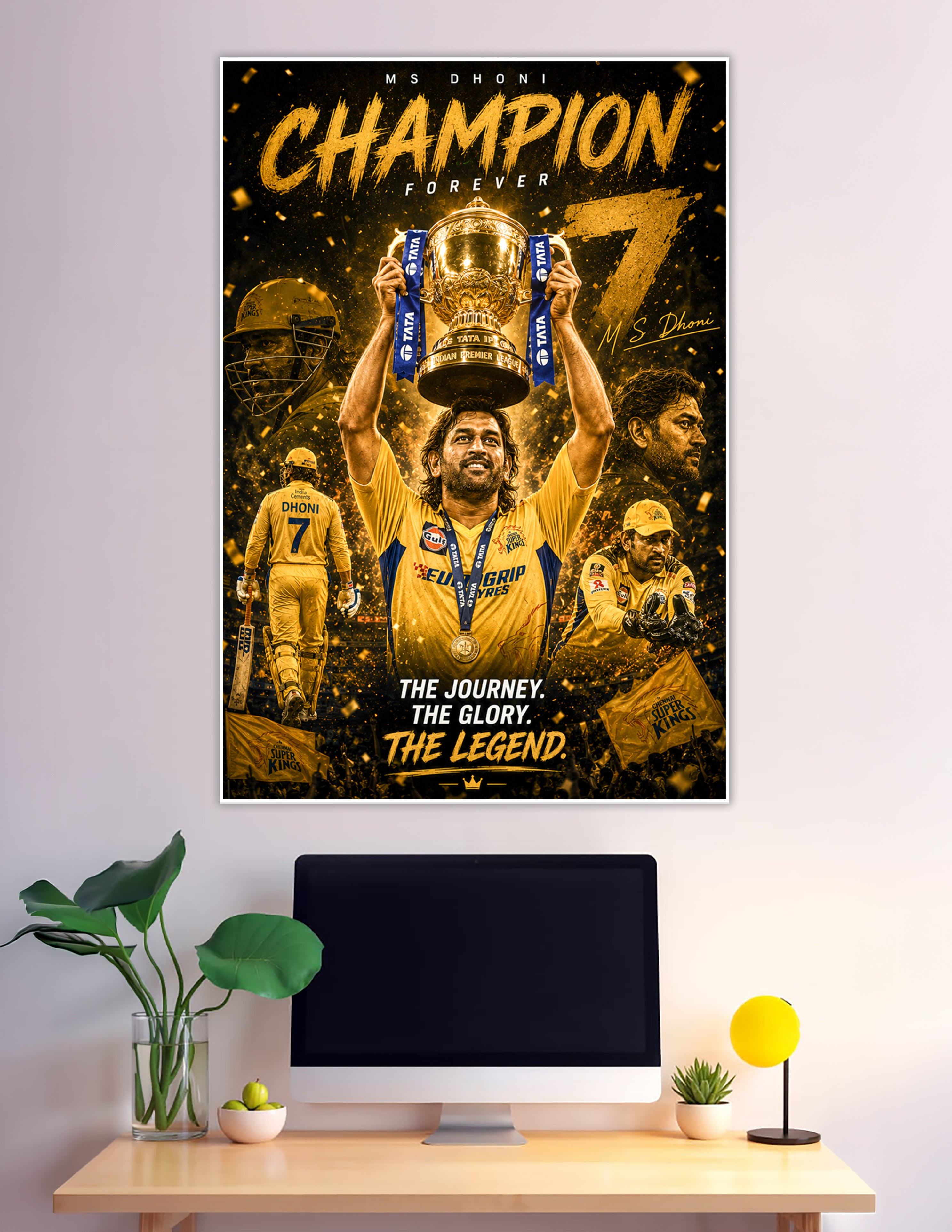 MS Dhoni lifting IPL trophy CSK champion poster