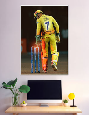 MS Dhoni CSK jersey number 7 beside glowing stumps