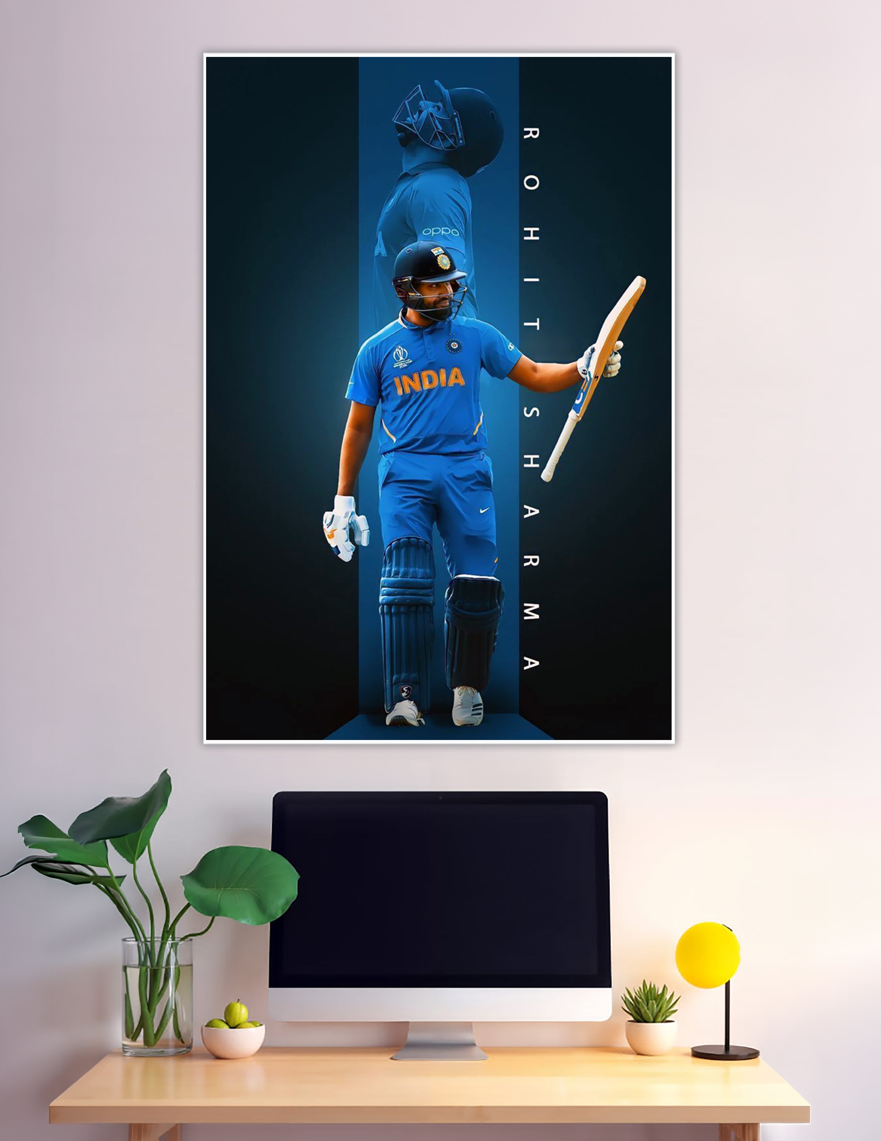 Rohit Sharma Team India cricket poster blue design
