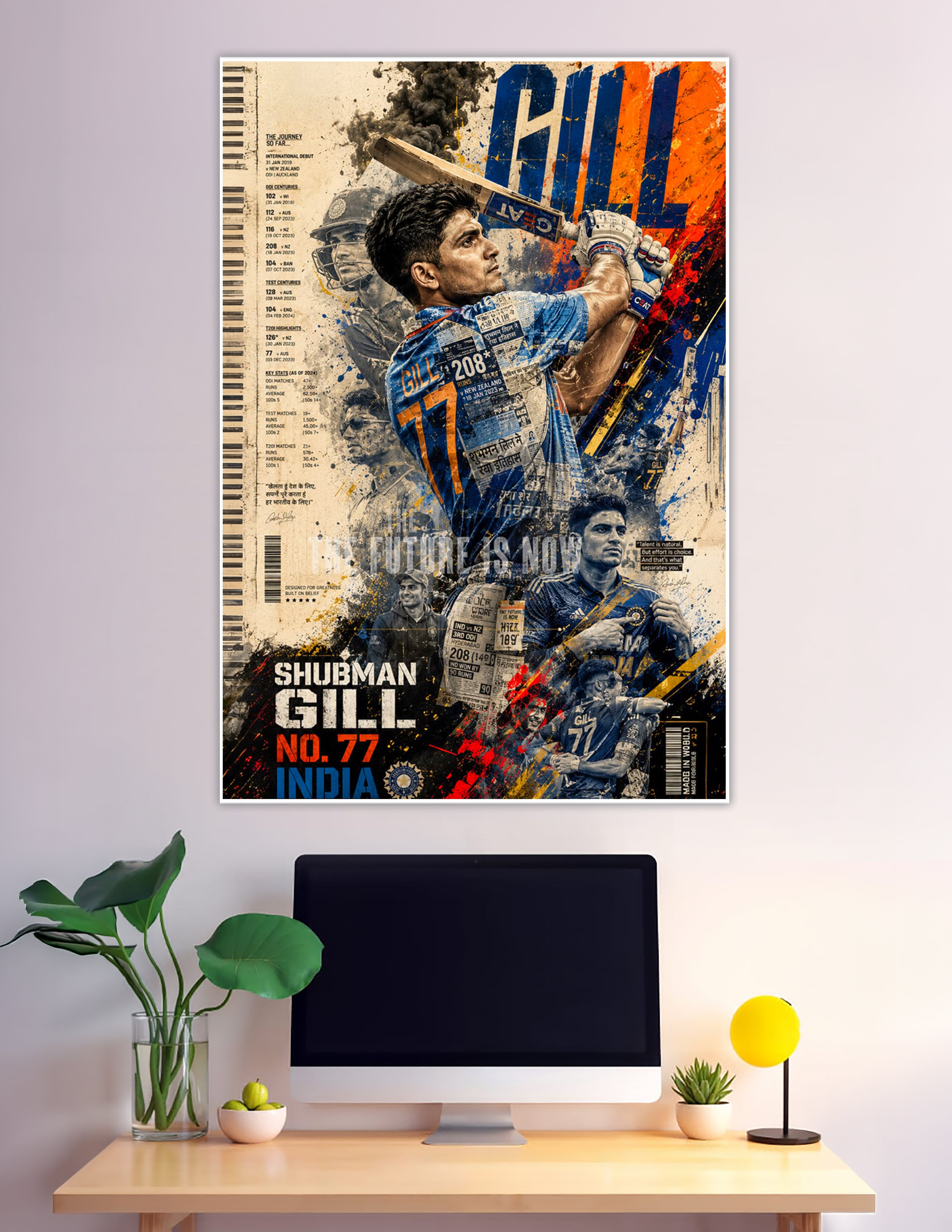 Shubman Gill India cricket poster with career stats