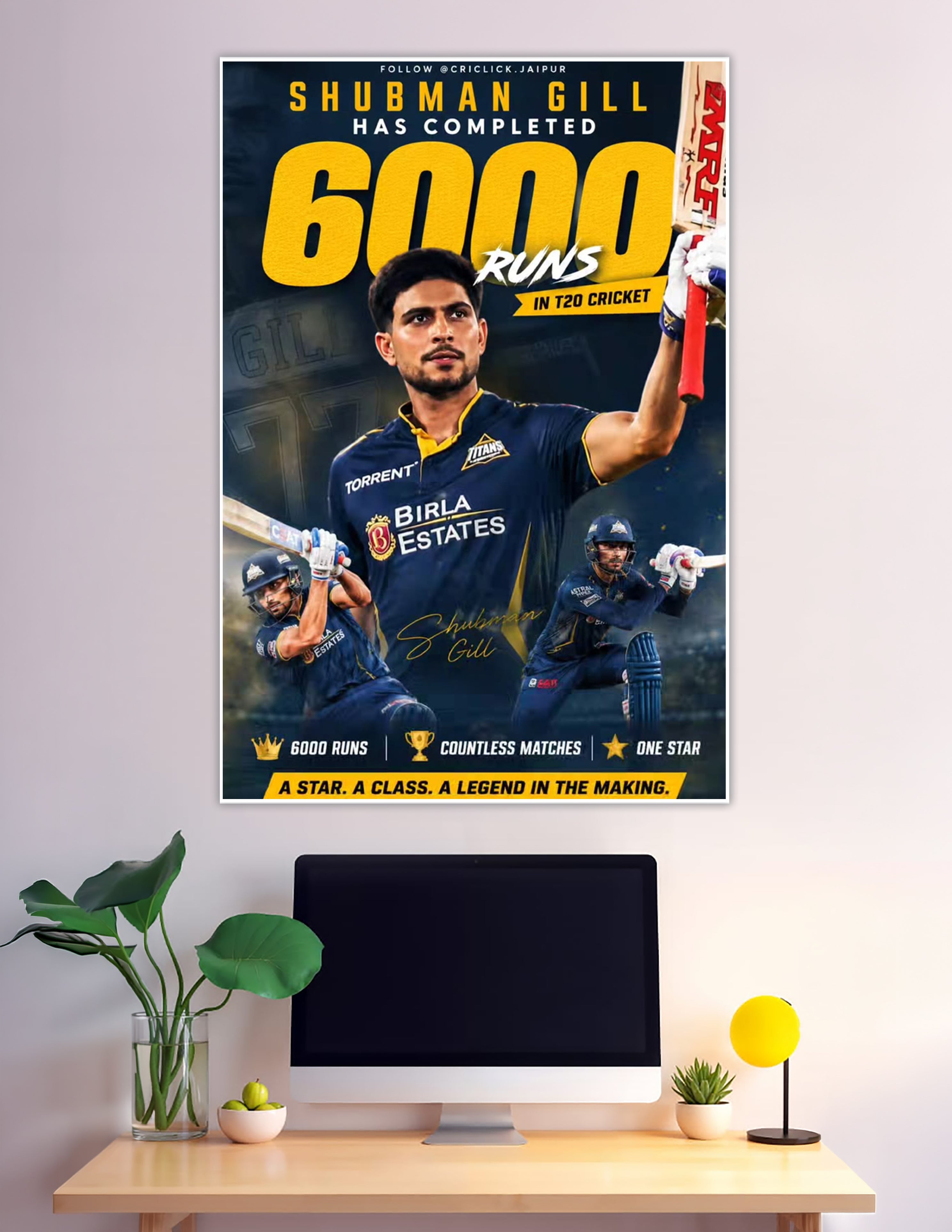 Shubman Gill 6000 T20 runs milestone cricket tribute poster