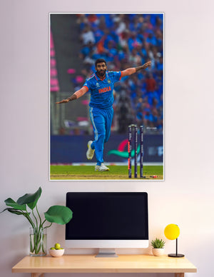 India cricket bowler celebrating wicket in World Cup jersey