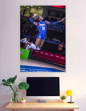 Volleyball player number 18 jumping mid-air at finals