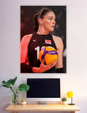 Turkish national volleyball player holding Mikasa ball in black jersey