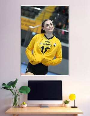 Smiling volleyball player number 18 yellow jersey poster