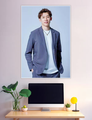 Young man in blue blazer white tee portrait poster