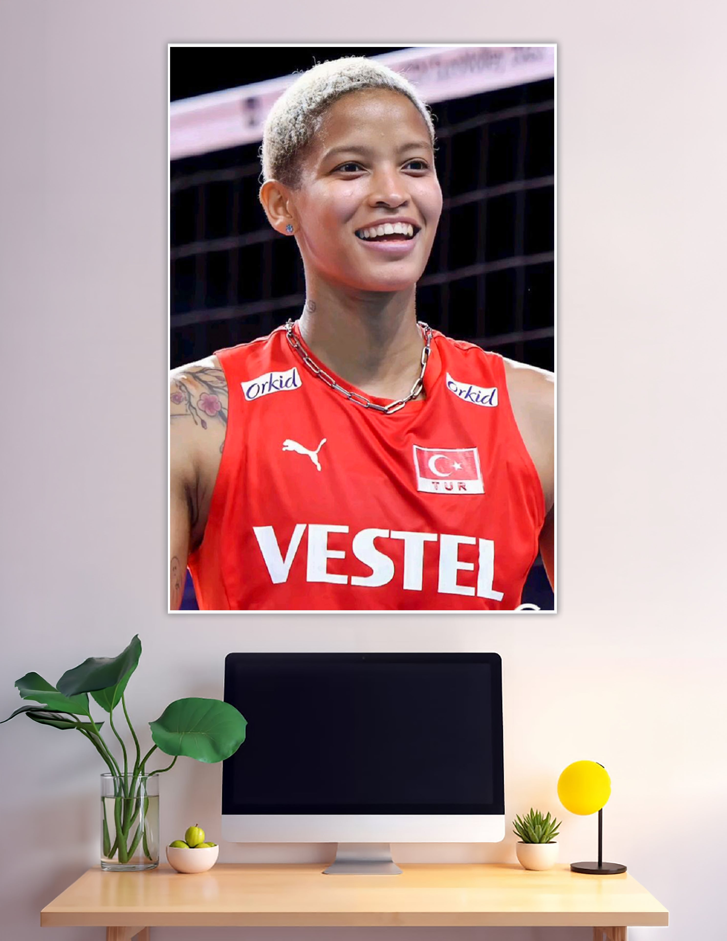 Smiling Turkey national volleyball team player in red jersey