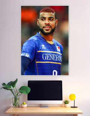 French volleyball player in blue Errea jersey portrait