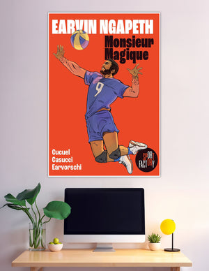 Illustrated Earvin Ngapeth volleyball player jumping mid-air