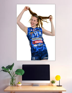 Smiling volleyball player number 11 blue Joma jersey