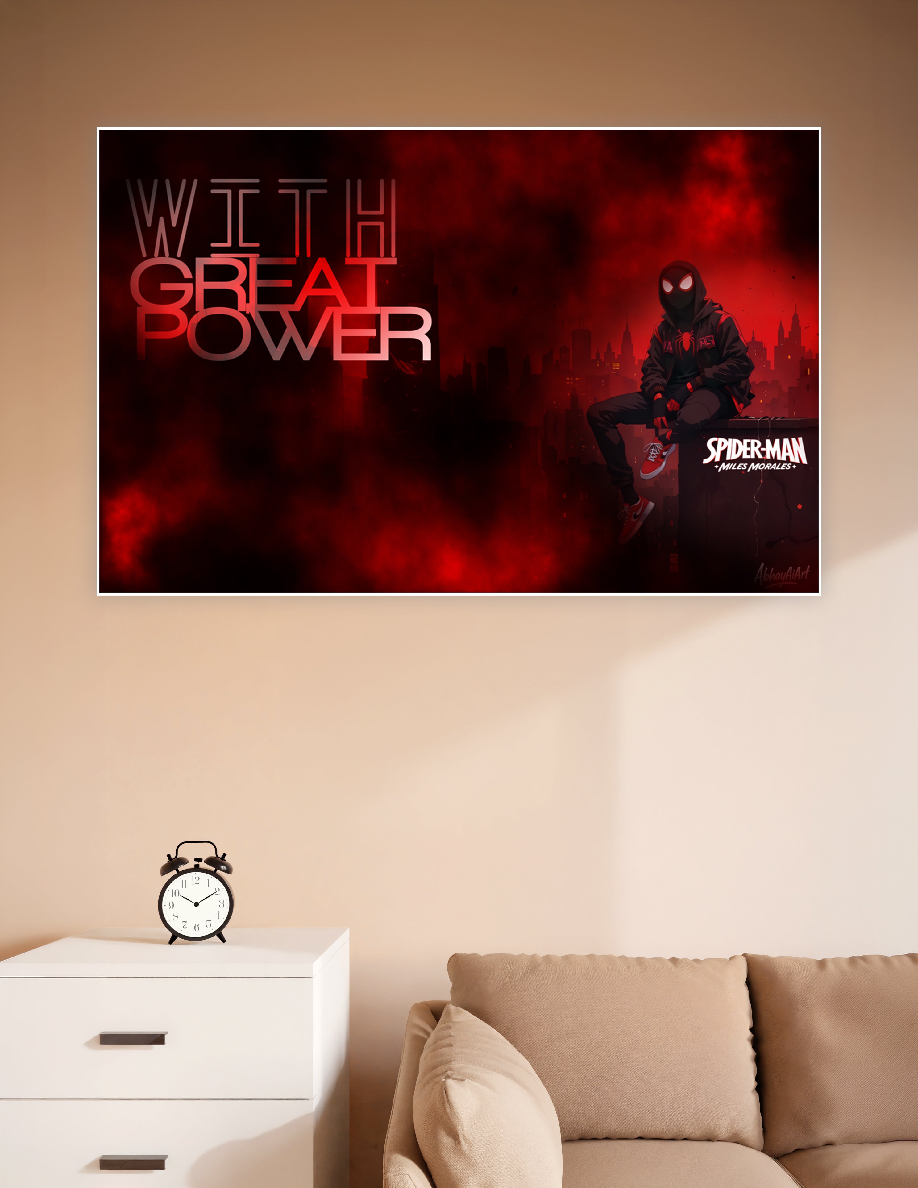 Spider-Man Miles Morales sitting on a rooftop in a black hoodie against a dramatic red cityscape with the text 'With Great Power' on a premium matte wall poster