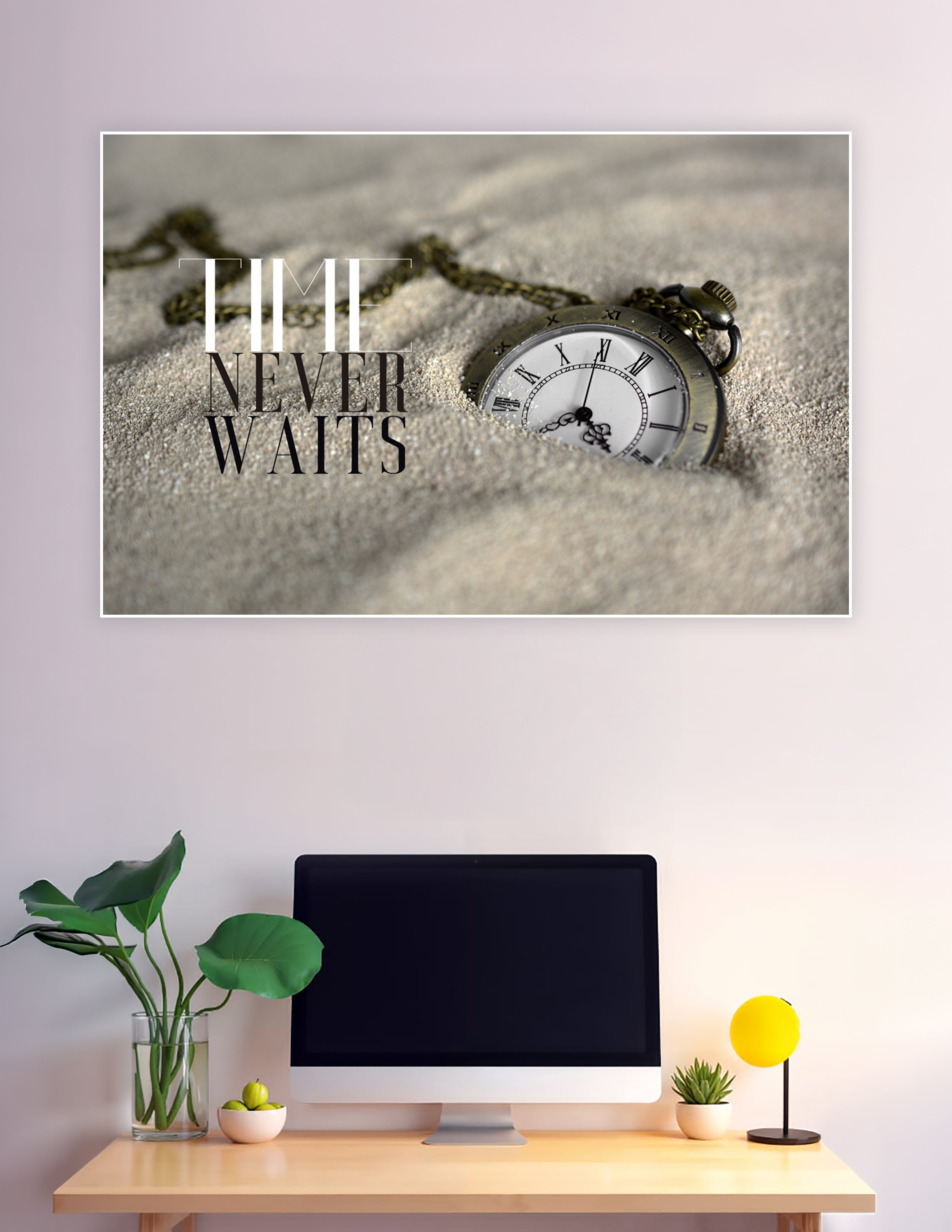 Vintage brass pocket watch resting in sand with bold 'Time Never Waits' motivational typography poster print