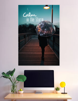 Person walking on a wooden boardwalk at twilight holding a transparent umbrella with fairy lights under a glowing street lamp with text reading Calm in the Storm