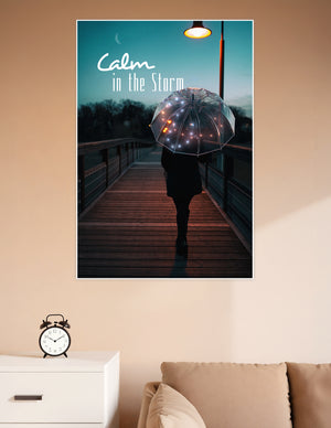Person walking on a wooden boardwalk at twilight holding a transparent umbrella with fairy lights under a glowing street lamp with text reading Calm in the Storm