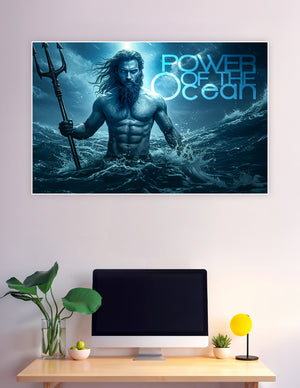 Cinematic poster of a Poseidon-like figure rising from stormy ocean waves holding a trident, with deep blue tones and the text Power of the Ocean