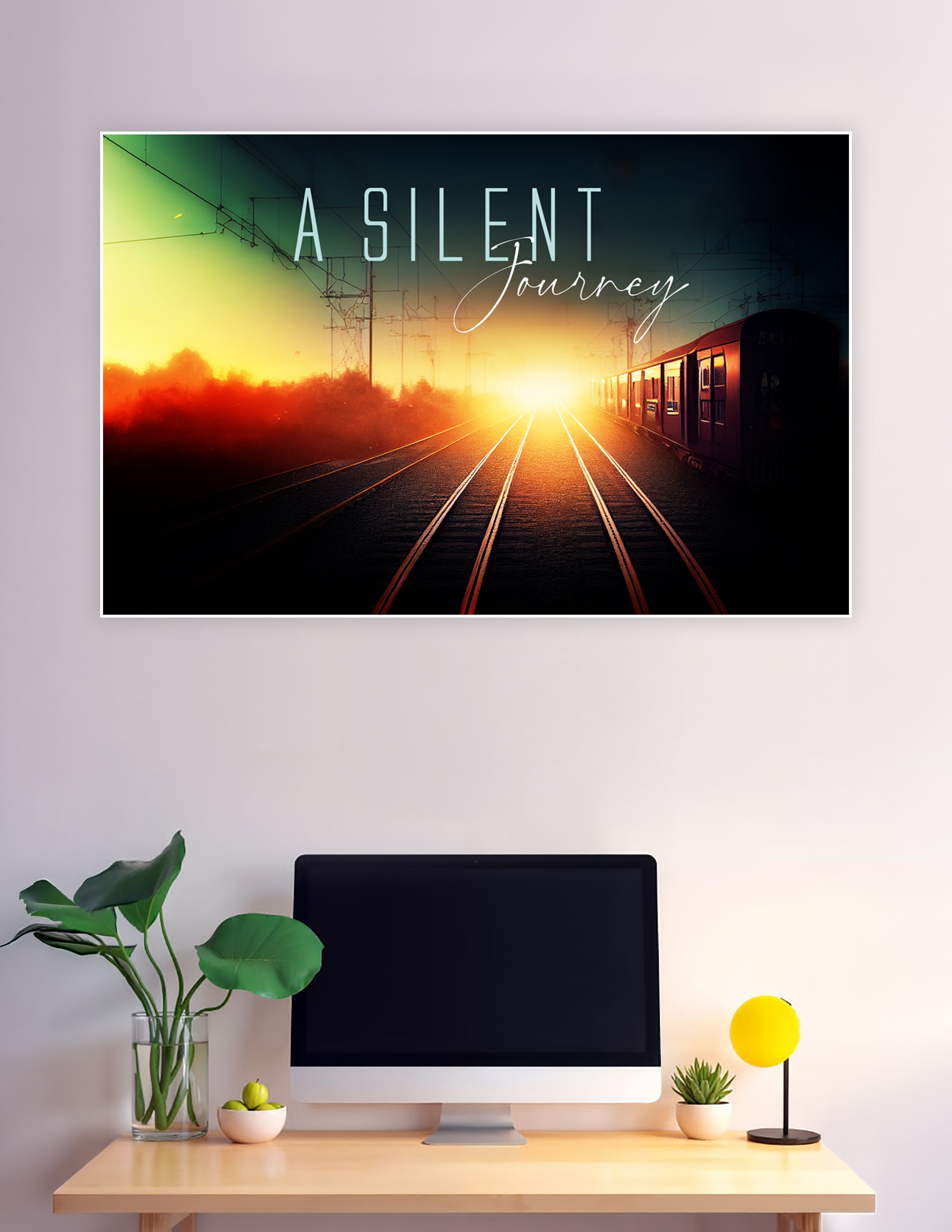 A cinematic railway sunset poster titled 'A Silent Journey' showing converging train tracks bathed in golden and amber light with a red train carriage on the right side