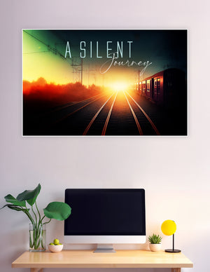 A cinematic railway sunset poster titled 'A Silent Journey' showing converging train tracks bathed in golden and amber light with a red train carriage on the right side
