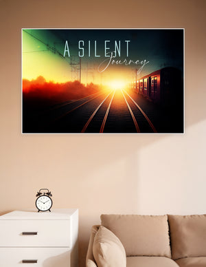 A cinematic railway sunset poster titled 'A Silent Journey' showing converging train tracks bathed in golden and amber light with a red train carriage on the right side