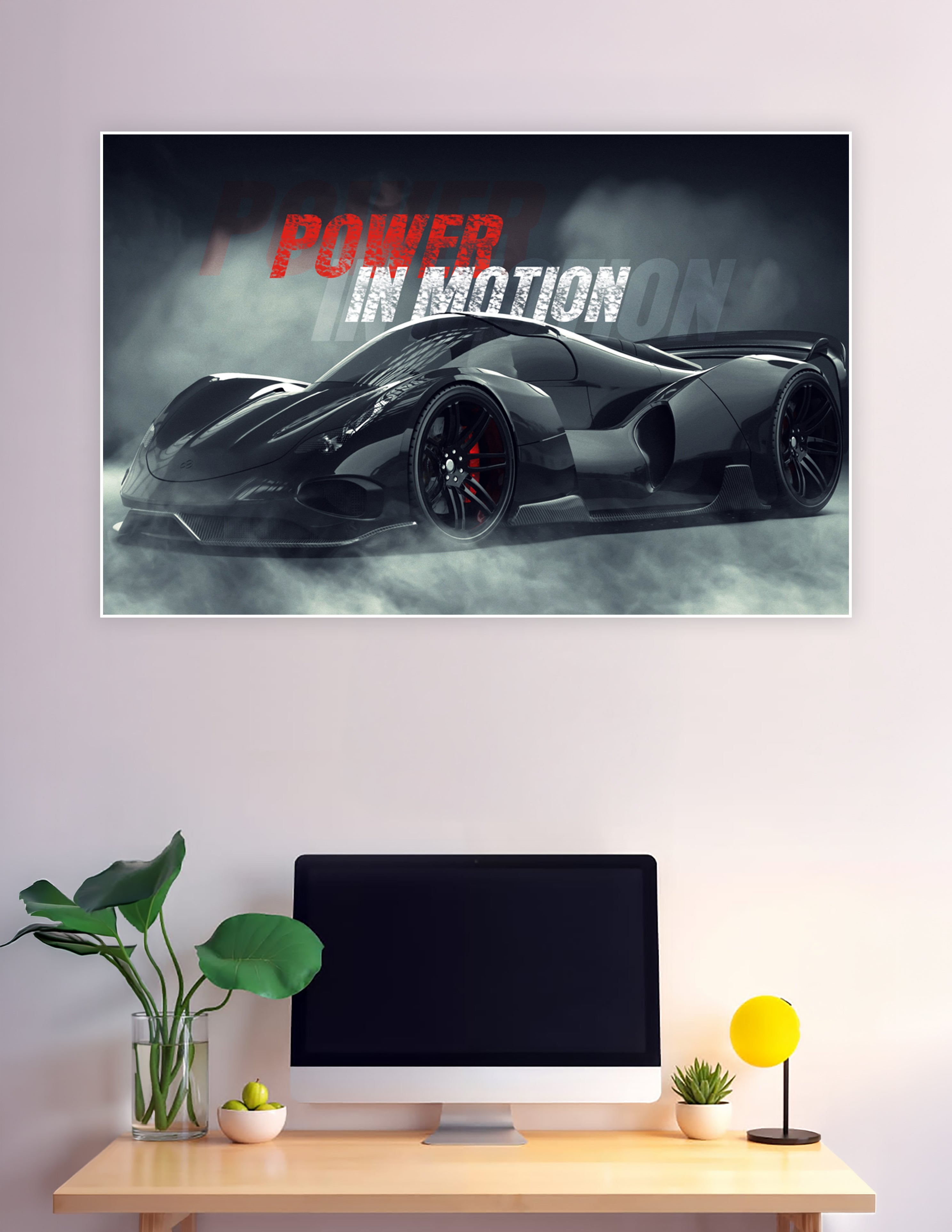 Black hypercar emerging from smoke with bold typography