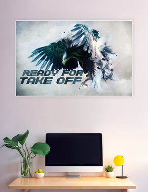 Dramatic digital art poster of a majestic eagle spreading its wings at takeoff with blue and black splatter effects and bold 'Ready For Take Off' text