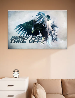 Dramatic digital art poster of a majestic eagle spreading its wings at takeoff with blue and black splatter effects and bold 'Ready For Take Off' text