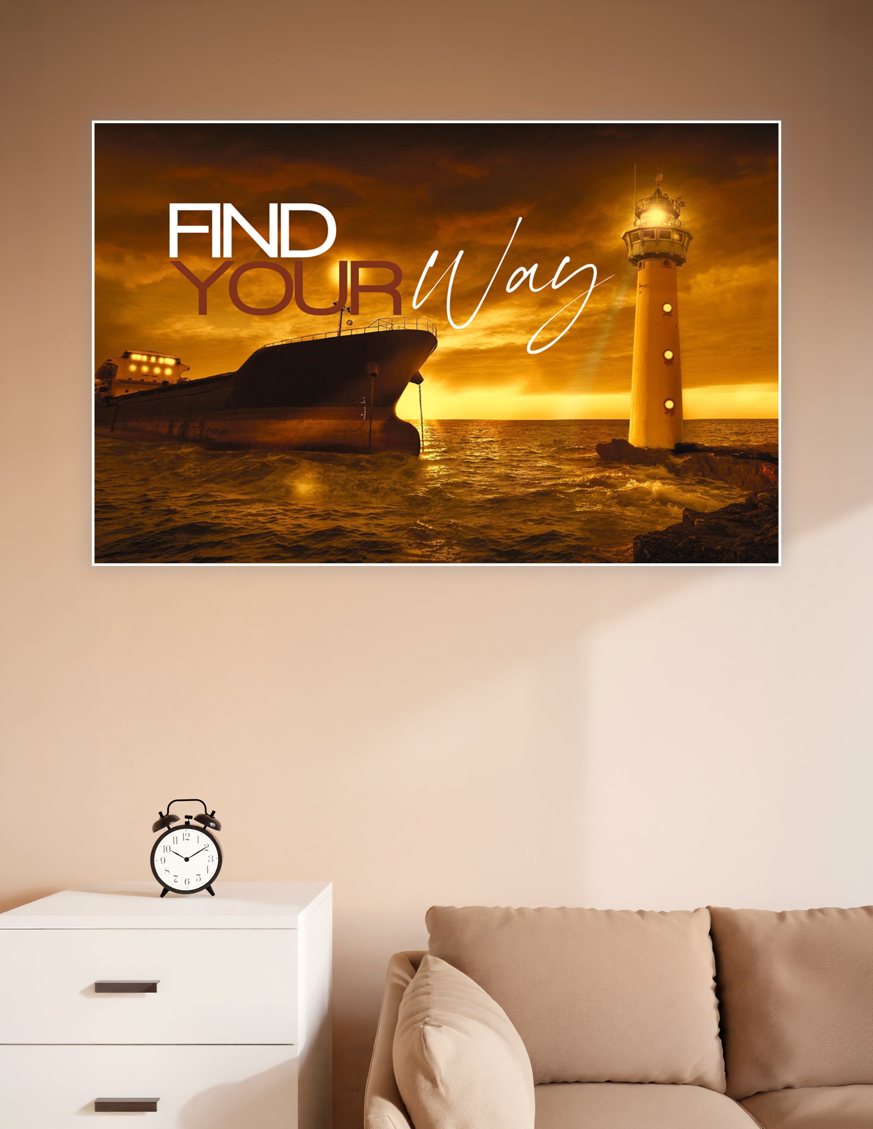 Dramatic golden seascape poster featuring a glowing lighthouse and large ship with the motivational text 'Find Your Way' overlaid in bold typography
