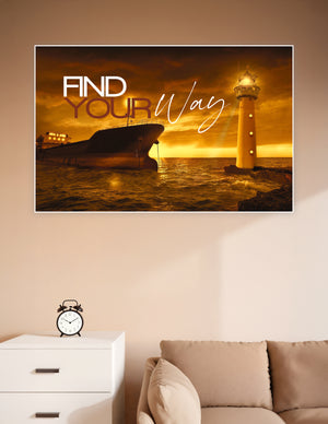 Dramatic golden seascape poster featuring a glowing lighthouse and large ship with the motivational text 'Find Your Way' overlaid in bold typography