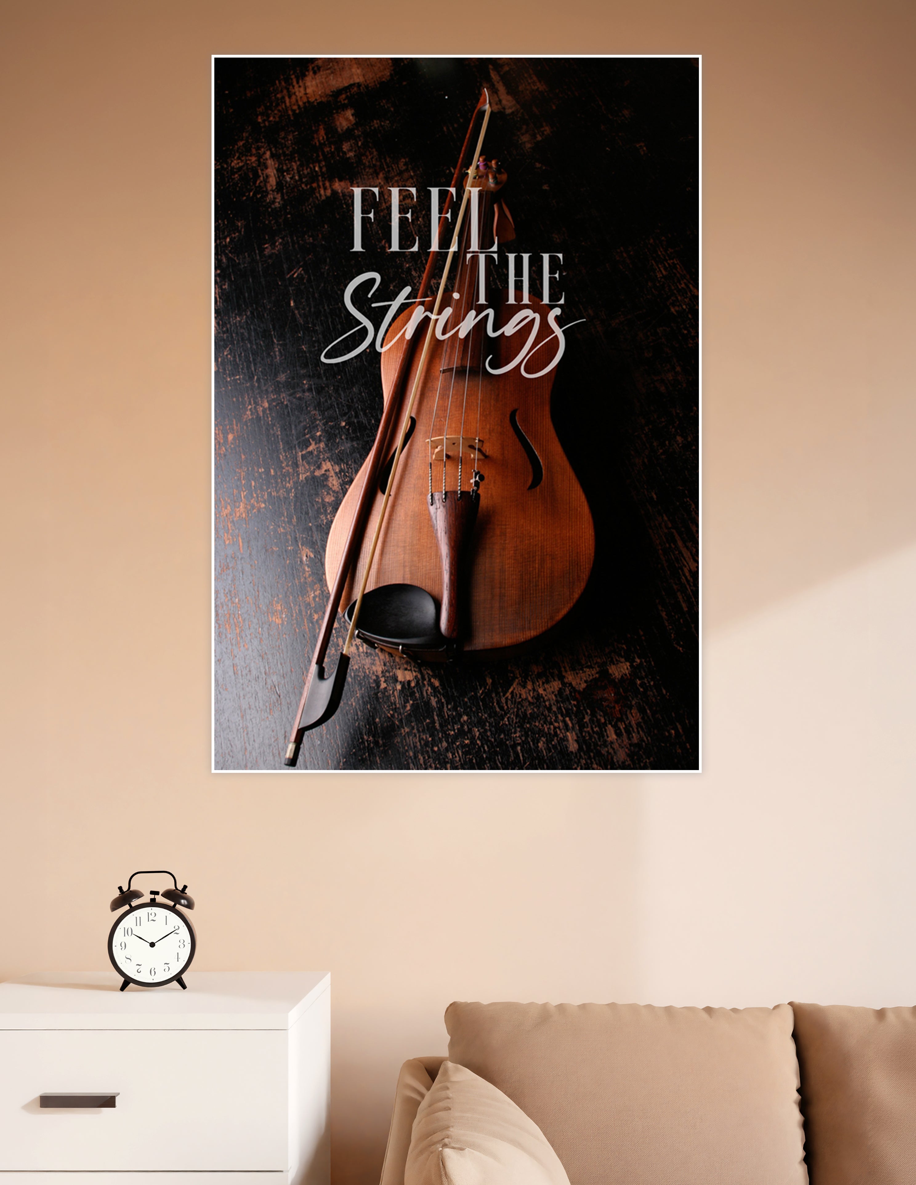 Close-up of a warm-toned violin and bow on a dark rustic wooden surface with the text 'Feel The Strings' overlaid in elegant typography