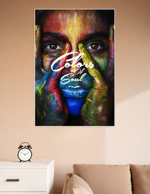 Close-up of a face covered in vivid multicolor paint with hands framing the face, titled Colors of Soul — a bold expressive art poster