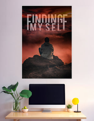 A lone figure sitting on a dark rocky summit gazing into a dramatic crimson cloudy sky with the text Finding Myself overlaid in large bold letters