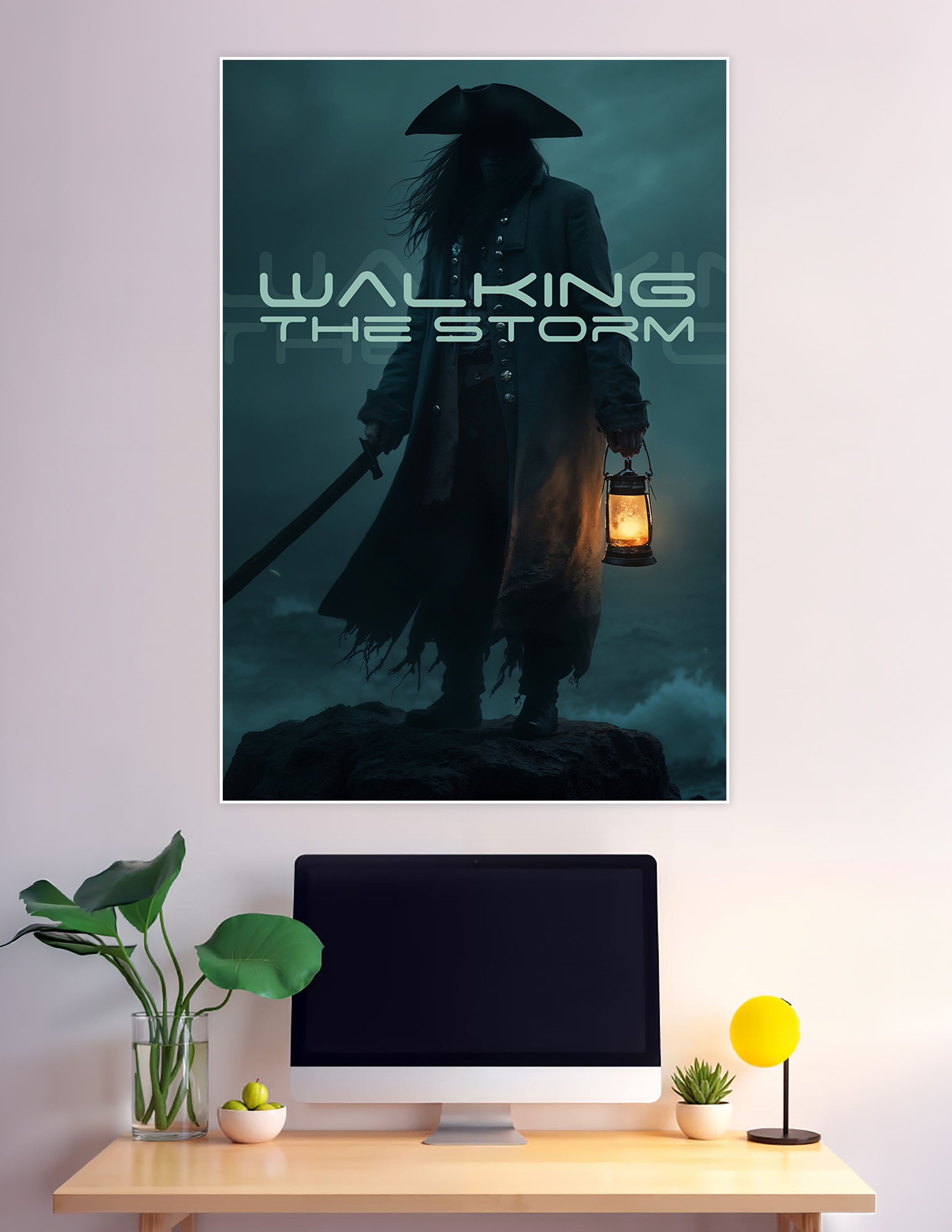 Dark fantasy poster of a cloaked pirate figure holding a glowing lantern and sword, standing on a rocky cliff against a stormy teal sky with the title Walking The Storm