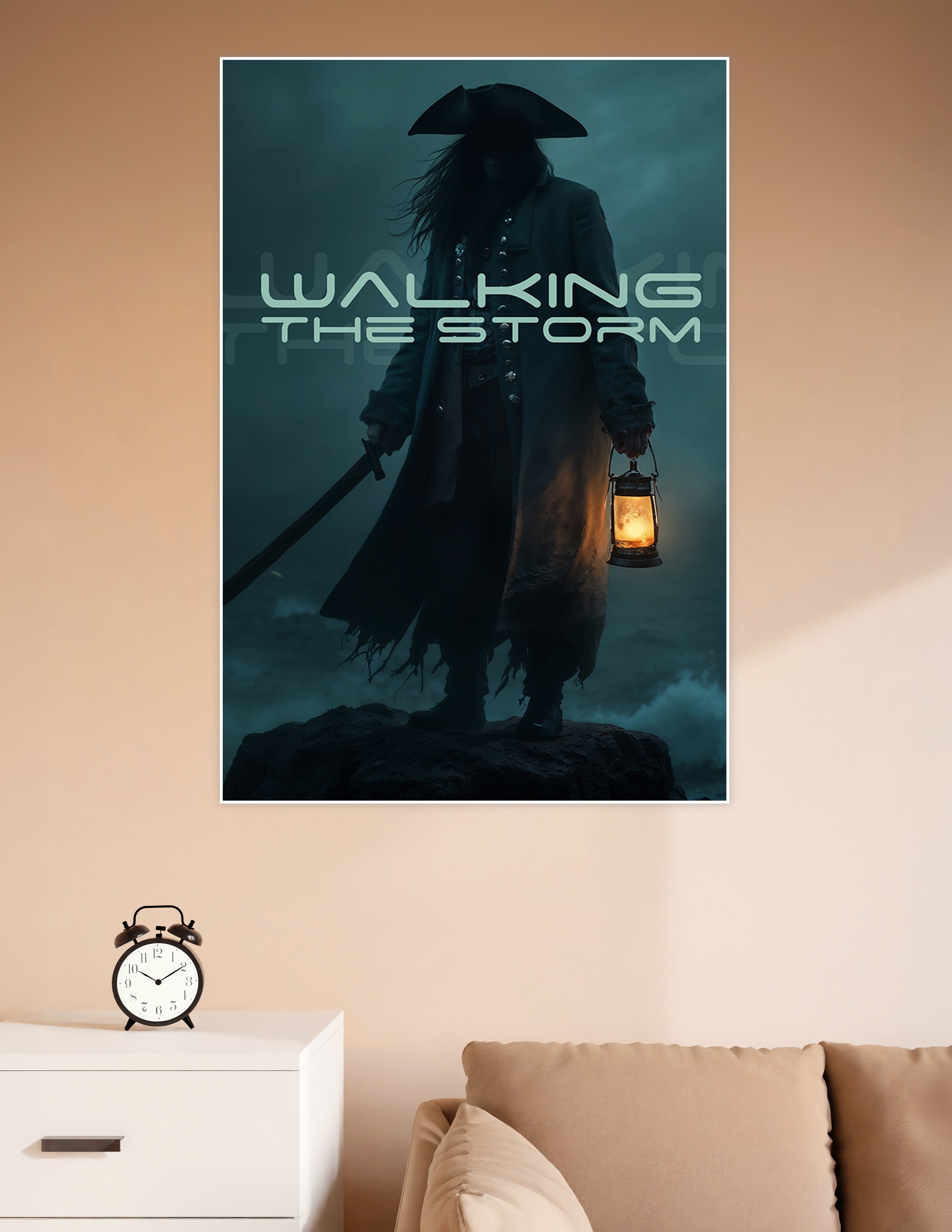 Dark fantasy poster of a cloaked pirate figure holding a glowing lantern and sword, standing on a rocky cliff against a stormy teal sky with the title Walking The Storm