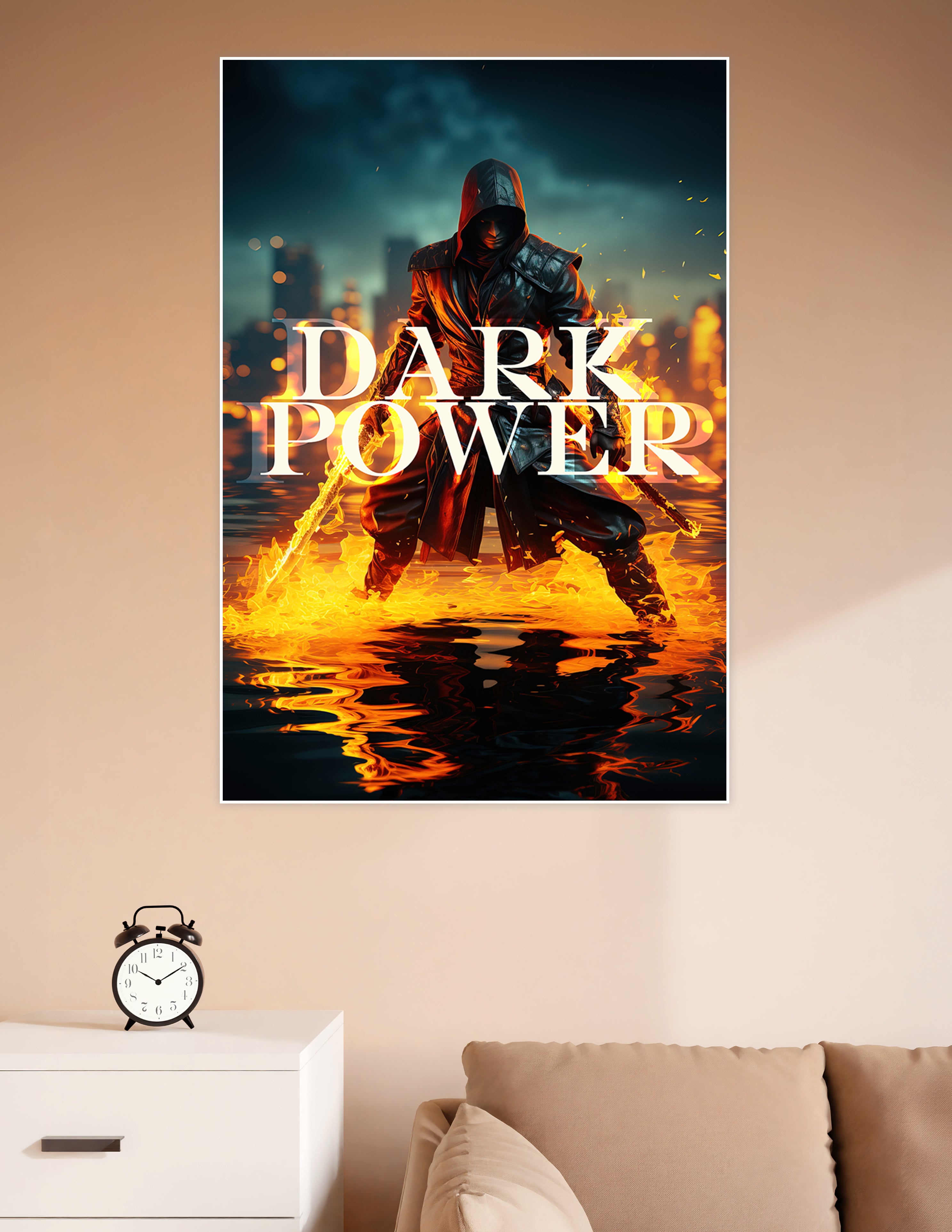 Dark Power poster featuring a hooded warrior in black armor wielding flaming weapons, crouched over a reflective water surface with a fiery city skyline in the background