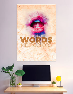 Watercolor art poster of vibrant pink and blue melting lips with the text 'Words Melt Colors' on a warm parchment background