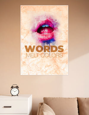Watercolor art poster of vibrant pink and blue melting lips with the text 'Words Melt Colors' on a warm parchment background